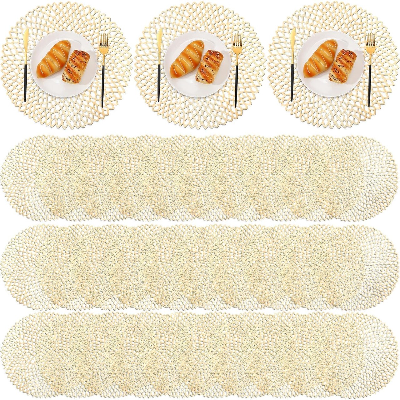 48 Packs Gold Round Placemats 15 Inch Hollow Out Pressed Vinyl Place Mats Bulk, Non Slip Washable PVC Chargers Place Mat for Christmas Dining Wedding Holiday Party Home Kitchen Dinner Table